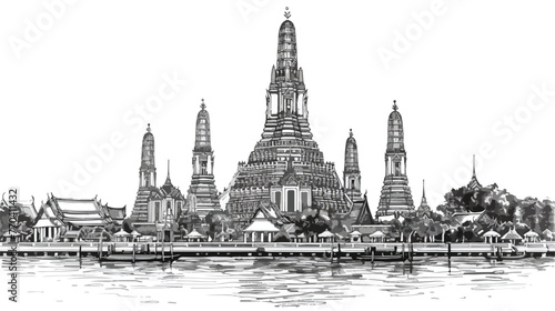 Wat Arun Temple in Bangkok Thailand. Sketch by hand.