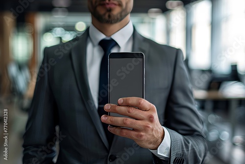 Business man recommending a mobile phone in an office, Generative AI