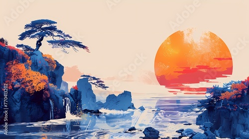 Sunset on the sea retro poster illustration background