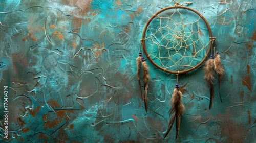 Olive dream catcher on aquamarine textured background. Texture of concrete, Dreamcatcher made of feathers leather beads and ropes in classic blue trendy color, hanging. background