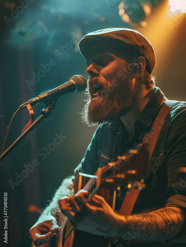 White Male Caucasian Bearded Folk Singer Performing Live On Stage On Guitar, Live Music Concert Guitarist and Musician