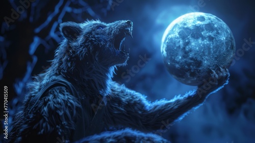 3D rendered of Werewolf playing basketball, using the moon for a spotlight