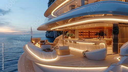 A large outdoor lounge and backlit stone bar with teak decking and white furniture on a super yacht. Generative AI.