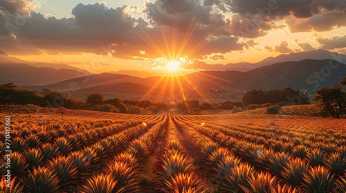 The sunset above a field of Agave used for making Tequila in the state of Mexico.