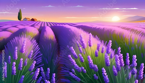 A cartoon art of a vast field of purple lavender flowers with a blue sky in the background