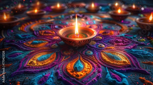 Decorative diya lamps placed on a rangoli during diwali festive celebration in india