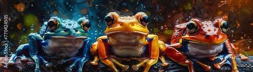 A symphony of frogs, each rendered in dazzling colors and dynamic poses, showcasing the elegance of Japanese watercolor, a quintet that brightens any space , high resolution DSLR, 8K, high detailed, s