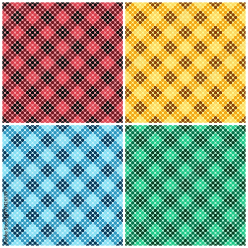 Diagonal Dot plaid checkered patterns in red green blue yellow seamless vector.