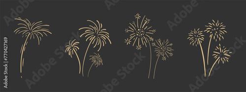 Set gold fireworks, firecrackers golden burst, rays festive doodle sparkle lights isolated on dark background.Celebration, Party Icon, Anniversary, New Year Eve, independence