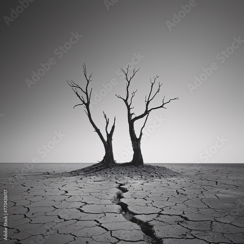 A poignant reminder of environmental urgency Dead trees on parched earth as a metaphor for drought and the escalating climate crisis