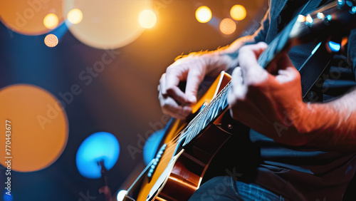 Musician with guitar on blurred concert background