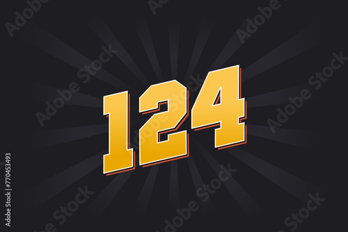 Number 124 vector font alphabet. Yellow 124 number with black background