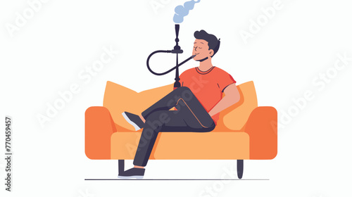 Young man enjoy smoke a hookah relax sitting on a pil