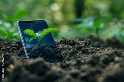 Hand Holding Smartphone with Satellite Image of Earth - Technology and Environment Concept with Greenery Background