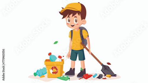 Cartoon boy collecting plastic garbage with litter sti