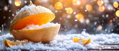  A melon resting atop snow with orange slices and lemon segments nearby