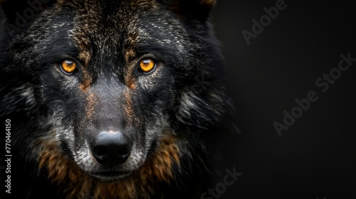  A close-up image of a black and brown dog's face on a yellow-eyed dog with a black background