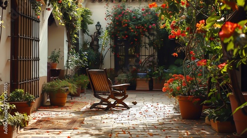 A wooden chair in a traditional Spanish courtyard