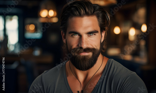 Portrait of a handsome young man with long beard and mustache