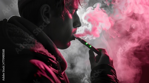 A young man smokes an electronic cigarette made with Ai generative technology, person is fictional