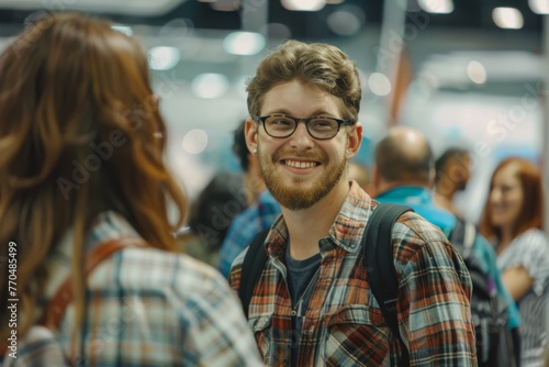 smiling men and women in their thirties at the booth of an outdoor brand, talking to each other about technical details of hiking. Generative AI.