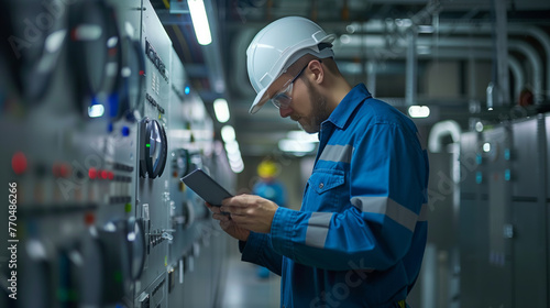 Technician Inspecting Control Panel with Tablet. Engineer in a hard hat and safety glasses uses a tablet to inspect and monitor a sophisticated industrial control panel.
