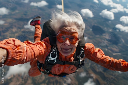Fearless Senior Embracing Adventure in the Sky Through Skydiving Thrill