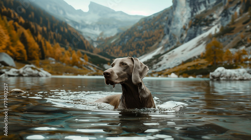 weimaraner dog in a mountain lake