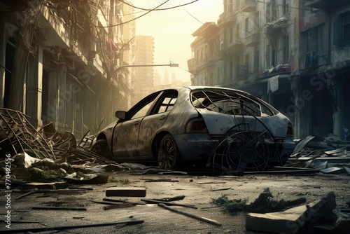 A lone car sits unmoving in the center of a war-torn street, surrounded by destruction and debris from the destructed building and roads. Generative AI