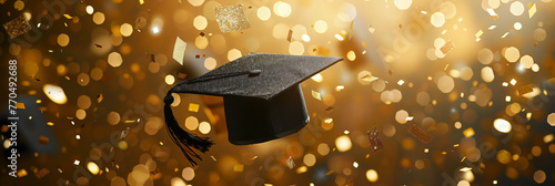 Black graduation cap in the air with glittering confetti on golden background. Graduation, academic achievement banner.