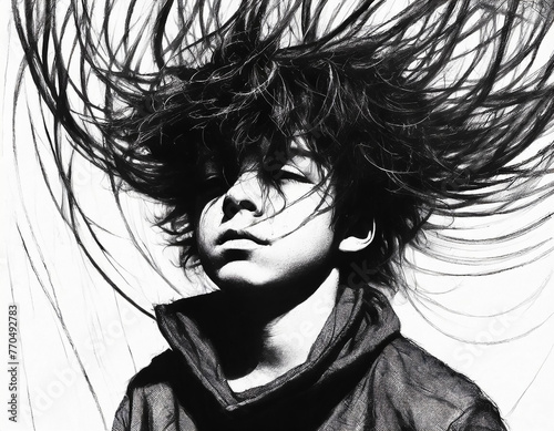 Très belle illustration, dessin noir et blanc, portrait d'un jeune garçon de face, projection de lignes en spirales autour de la tête, concept de mal être, anxiété, troubles de la personnalité