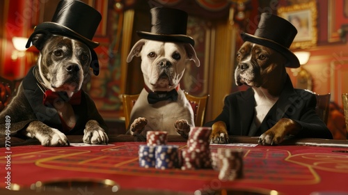 Three dapper dogs in top hats and bow ties play poker at a table