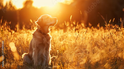 Golden retriever in sunset