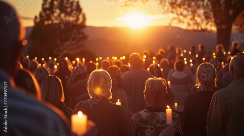 Easter sunrise service, outdoor, congregation holding candles - tranquil, soft dawn light, spiritual,