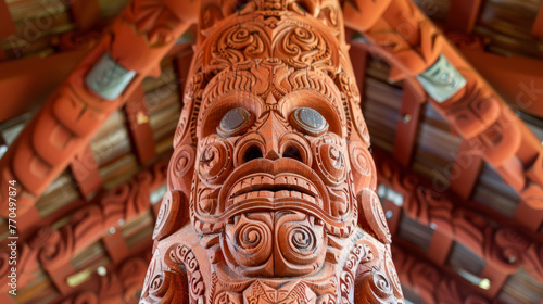 Detailed photograph captures the intricate Maori wood carving, emphasizing the cultural significance and artistic detail