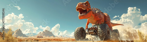 Rear angle of TRex driving a truck, funfilled cartoon dinosaur road trip