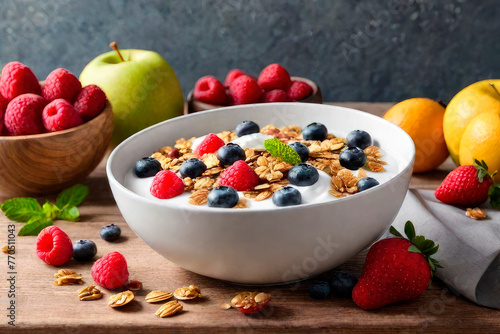 Healthy delicious breakfast. Morning food - bowl with granola fruits greek yogurt parfait and ingredients on wooden table.