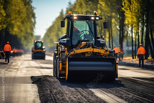 Road roller machine is carrying out asphalting of road construction. Generative ai 