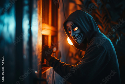 Tense moment captured as a burglar wearing a hoodie tries to unlock a window in the dark, conveying crime and danger