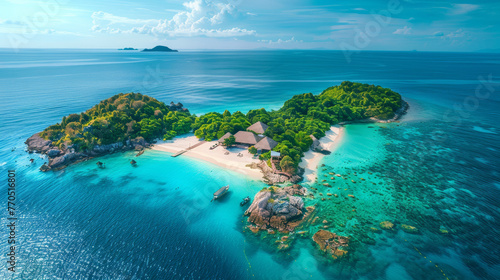 tropical island in the sea, tropical island in the ocean, Aerial top view beautiful Sea island and beach in the blue sky