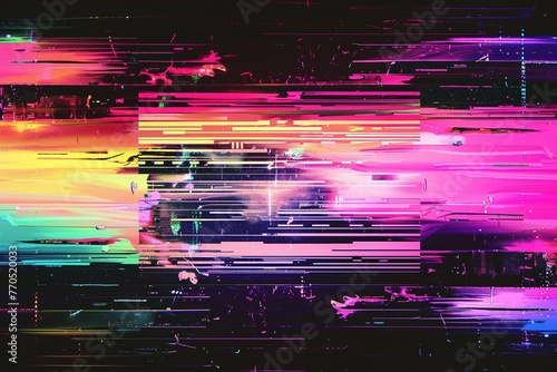 Digital dreamscape: A 4K image warps and distorts with nostalgic VHS glitches, awash in neon pink and blue, a trippy homage to the 1980s aesthetic