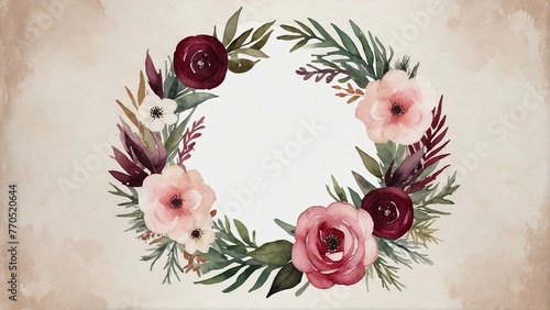 watercolor floral corolla with pink and dark red flowers 