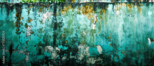 A wide view of an old wall with peeling green paint and rust sta