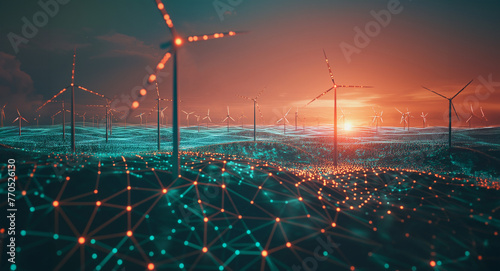 Advanced AI monitoring renewable wind turbines energy grids. Sustainability innovation concept