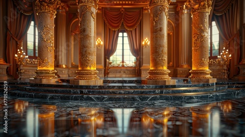 Ornate Golden Columns in Luxurious Palace with Marble Steps