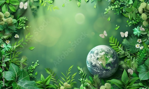 Happy Earth Day illustration background with green plants and round earth in the middle to celebrate April 22 world earth day, Generative AI