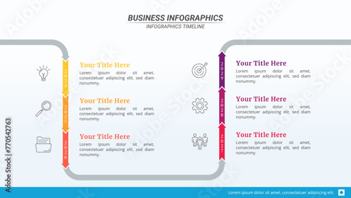 Arrow Timeline Infographic Presentation Template with 6 Steps and Editable Text on a 16:9 Layout for Business Presentations, Management, and Evaluation.