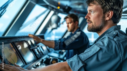 Two Men in Uniform Sitting in Cockpit of Ship