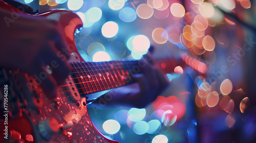 Music holiday composition with close up electronic guitar on blurred concert background with bokeh effect