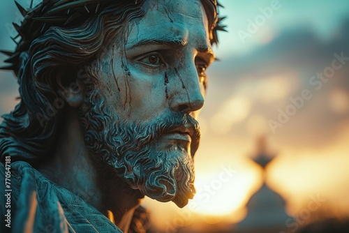 A statue of Jesus Christ standing solemnly with a crown of thorns on his head.